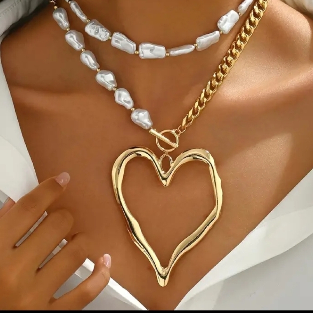 Gold Heart Pendant Necklace with Double Layer Pearl and Gold Chain